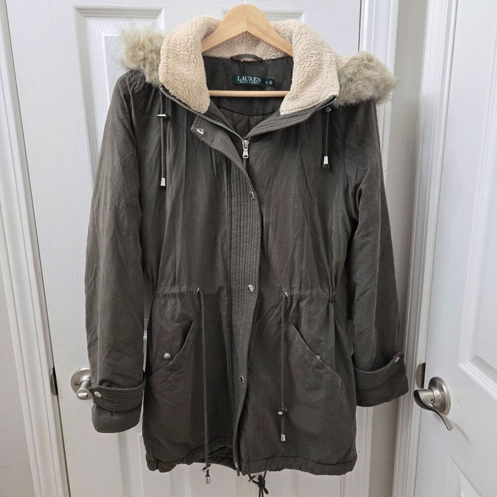 Lauren Ralph Lauren Parka Womens S Olive Green Hood Faux Fur Trim‎ Sherpa Lining